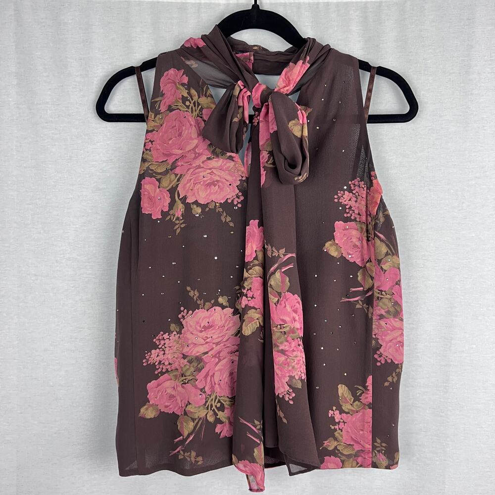 Vintage Y2K Express Top Halter Silk Brown Rose Floral Fairy Coquette Romantic